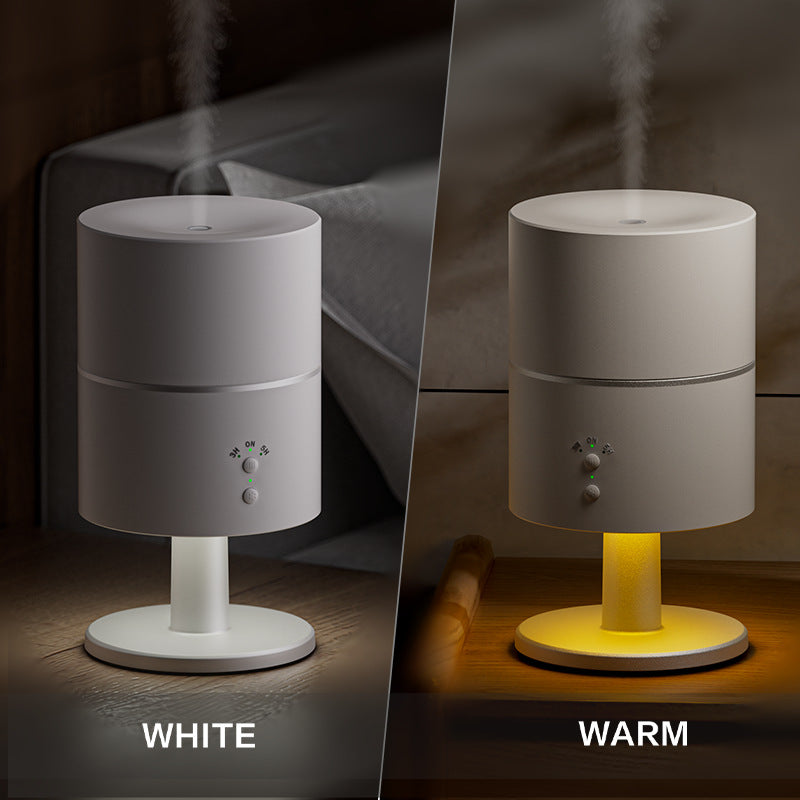 White desk lamp humidifier shown side by side in pure white and warm amber LED lighting modes