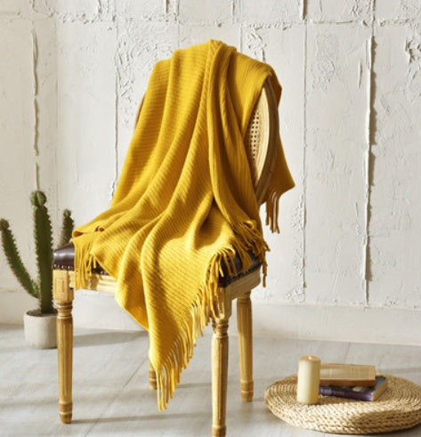 Fringed Knitted Throw Blanket - full flat lay spread