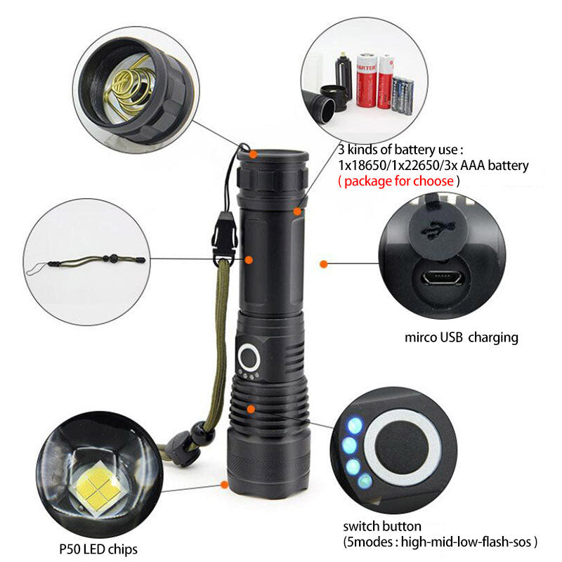 USB Rechargeable Zoom P50 Flashlight 5 Modes - USB charging