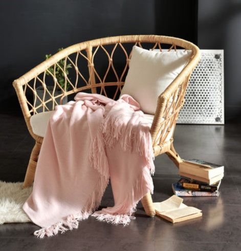 Fringed Knitted Throw Blanket - draped over a bed corner