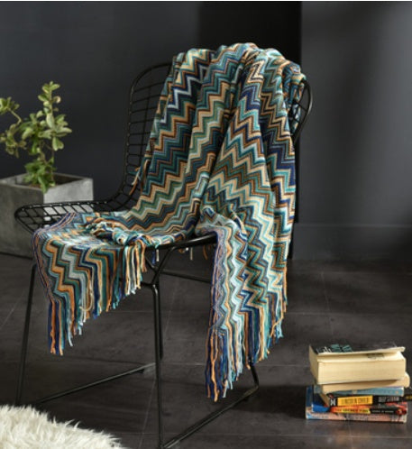 Fringed Knitted Throw Blanket - wrapped around the shoulders