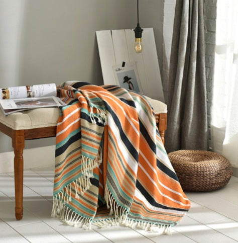 Fringed Knitted Throw Blanket - on a couch armrest