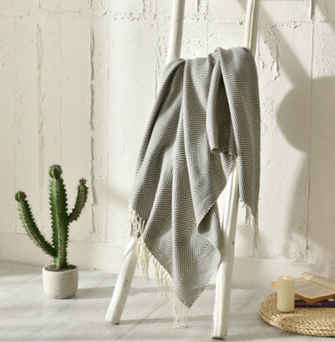 Fringed Knitted Throw Blanket - edge and hem detail