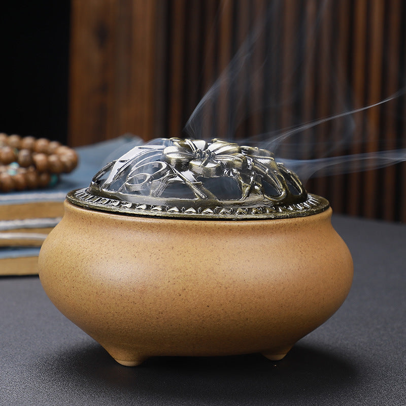 Buddha Ceramic Incense Burner - close-up of the copper lid