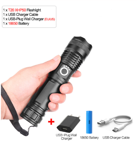 USB Rechargeable Zoom P50 Flashlight 5 Modes - aluminum body detail