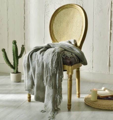 Fringed Knitted Throw Blanket - on an armchair