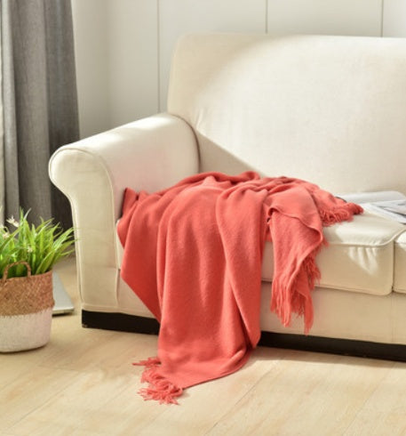 Fringed Knitted Throw Blanket - in a living room setting