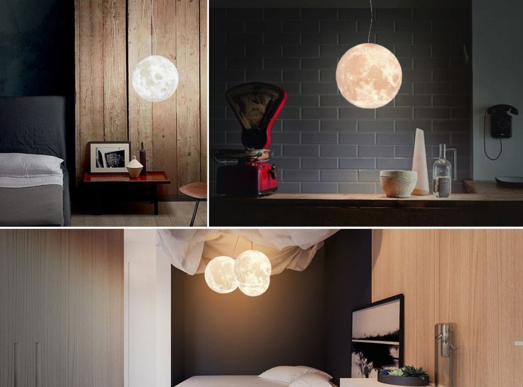 3D Moon Pendant Light 16-Color - hanging over a dining table