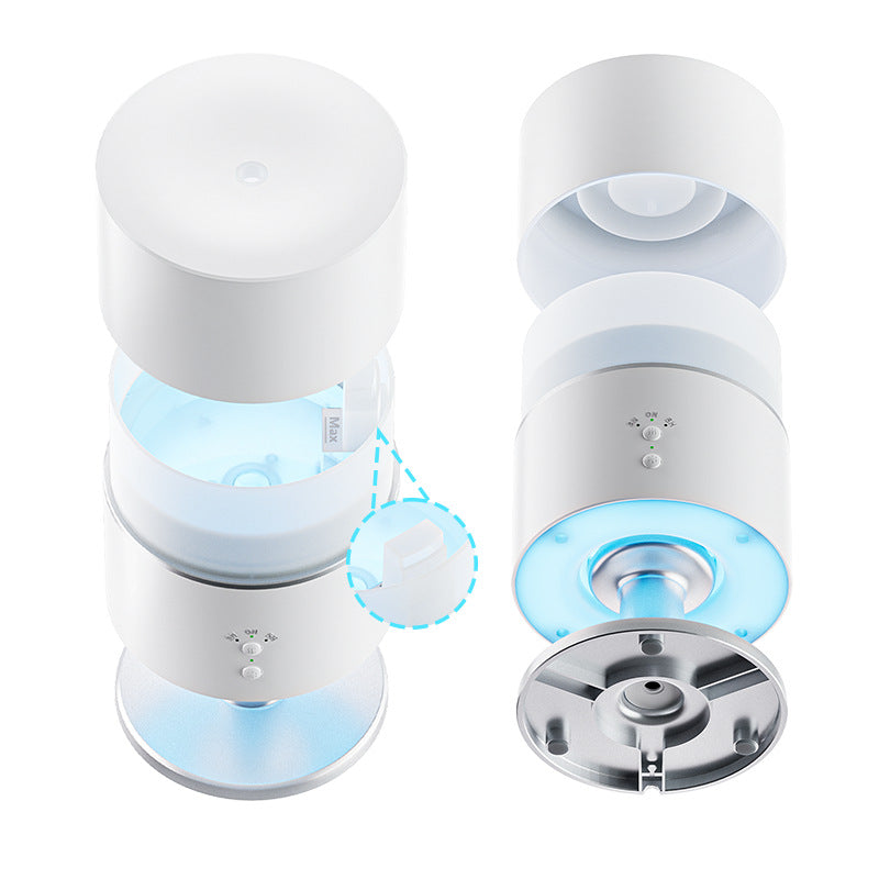 Exploded view of the desk lamp humidifier showing water tank, MAX fill line, LED light, power interface, and air outlet