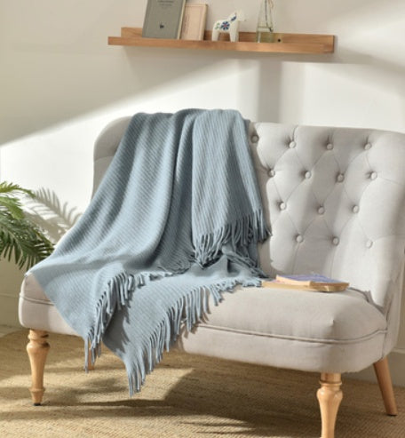 Fringed Knitted Throw Blanket - layered with cushions